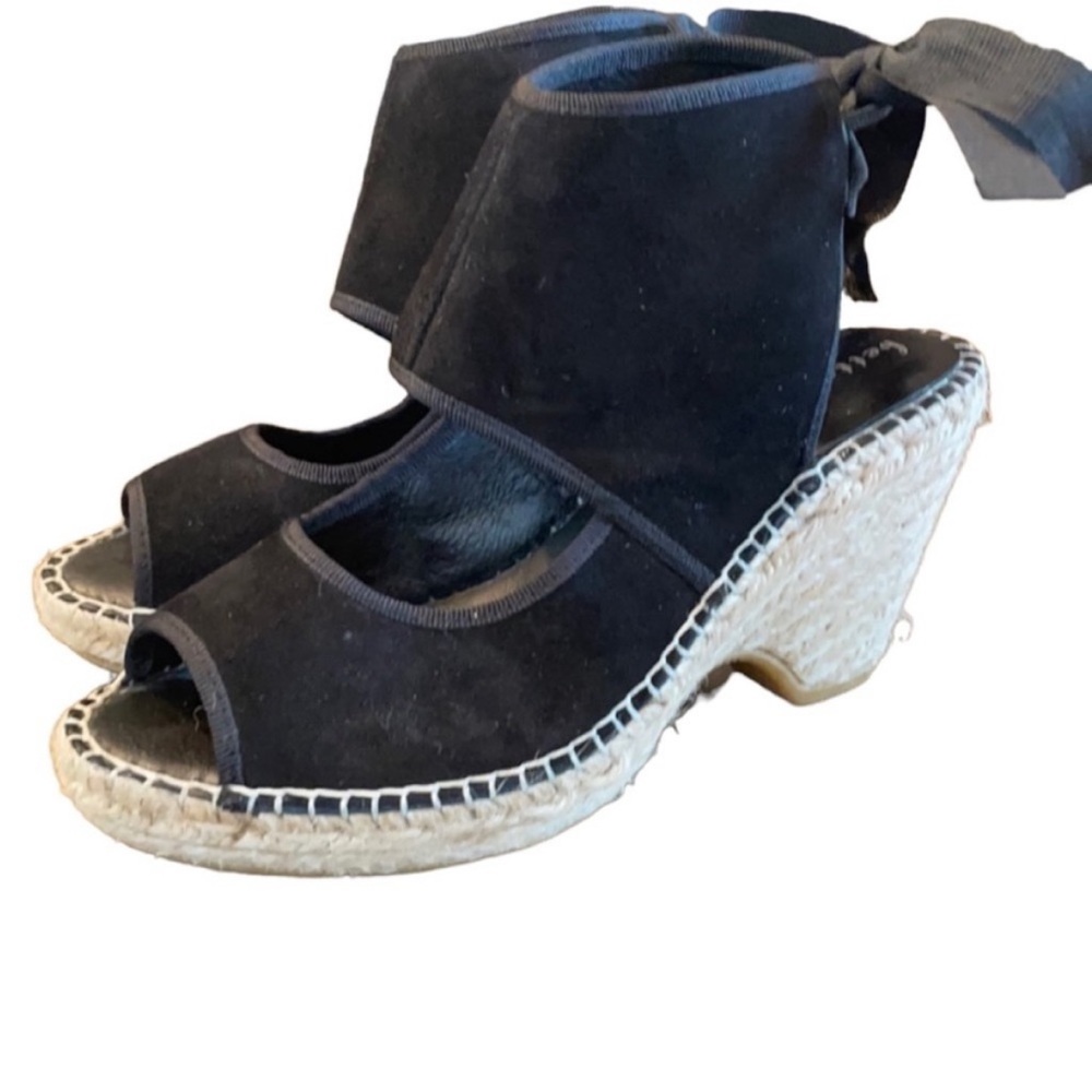 Anthropologie Bettye Mueller black suede open toe sling back espadrille heels 7